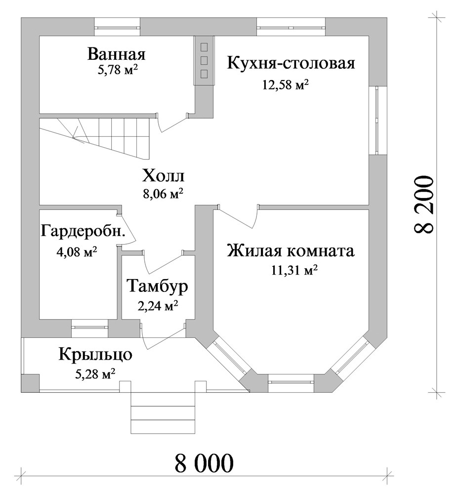 Проект дома A-101 двухэтажный с четырьмя спальнями до 100 м2 8x8 из кирпича