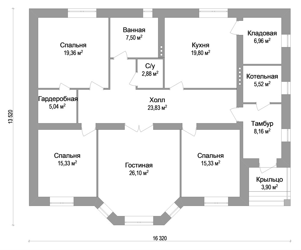 Проект дома C-026 одноэтажный с тремя спальнями до 200 м2 16x13 из кирпича